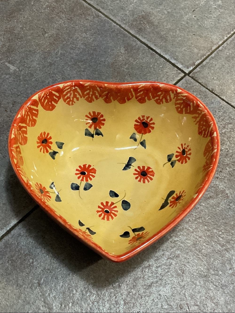 Hand-Painted Heart Ceramic Bowl - Yellow with Orange Floral Accent made in Italy